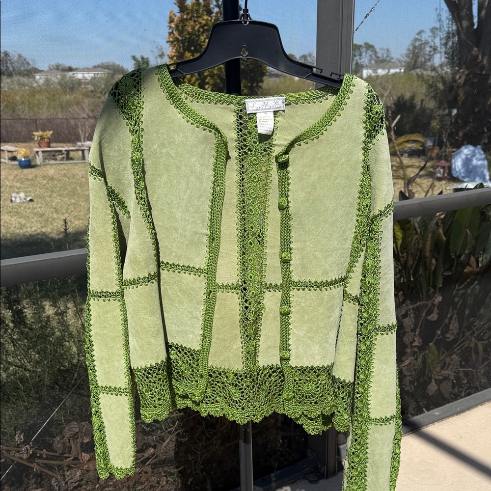 Chic Green crochet Lace-Accented Leather Jacket